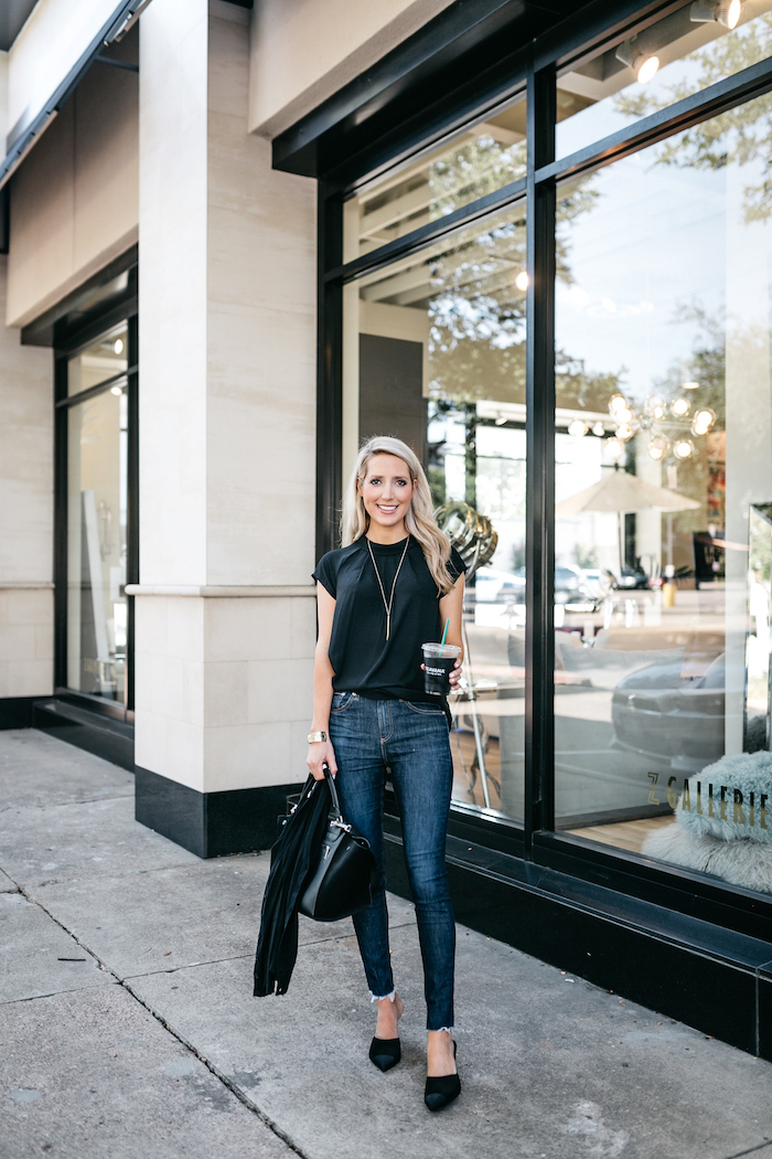 jeans blouse and heels