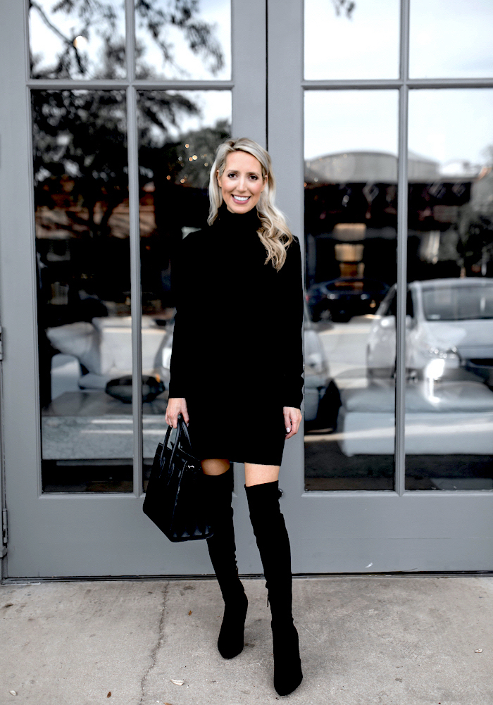 black dress with over the knee boots