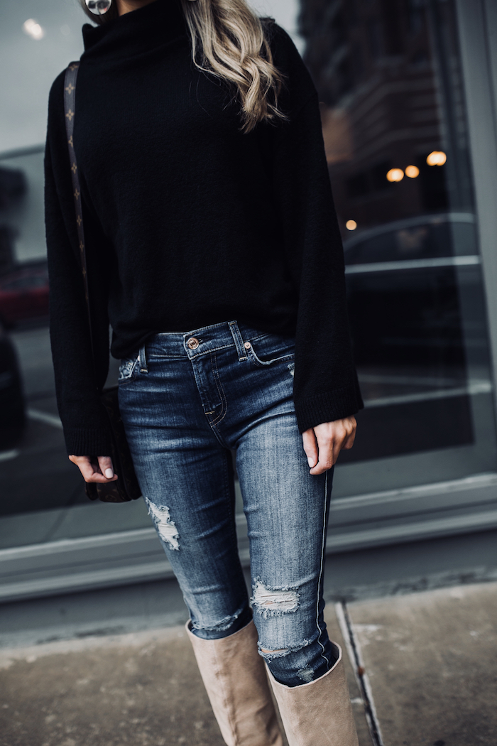 ripped jeans with over the knee boots