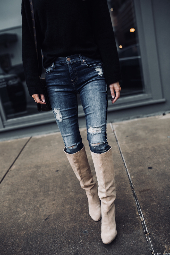 ripped jeans knee high boots