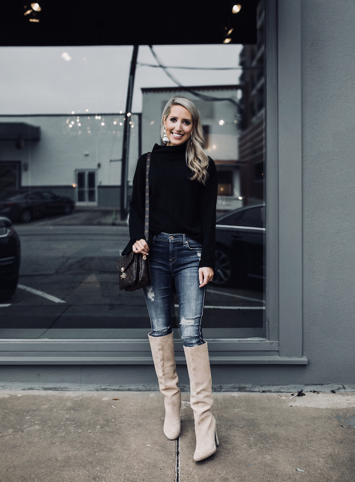over the knee boots with ripped jeans