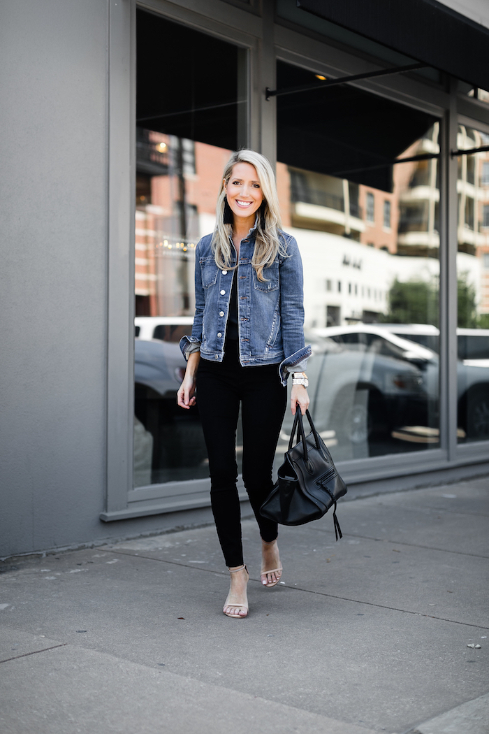 black and white dress with jean jacket