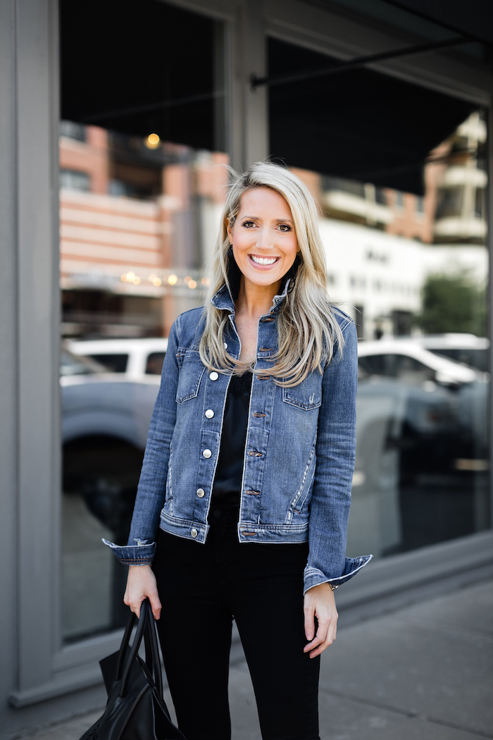 black outfit with denim jacket