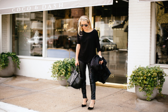 An all black leather pants bebe outfit with Refinery 29