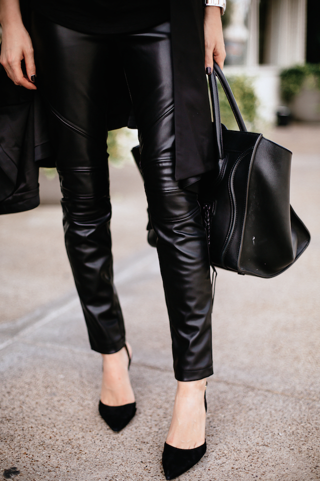 An all black leather pants bebe outfit with Refinery 29