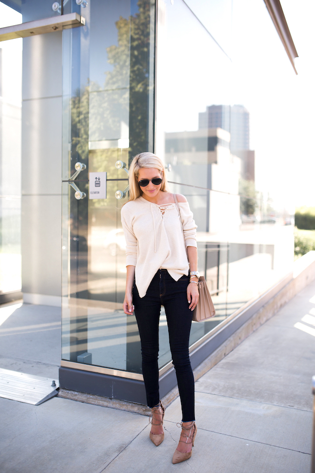 Early Fall Outfit Idea: Lace up heels and sweater from Nordstrom