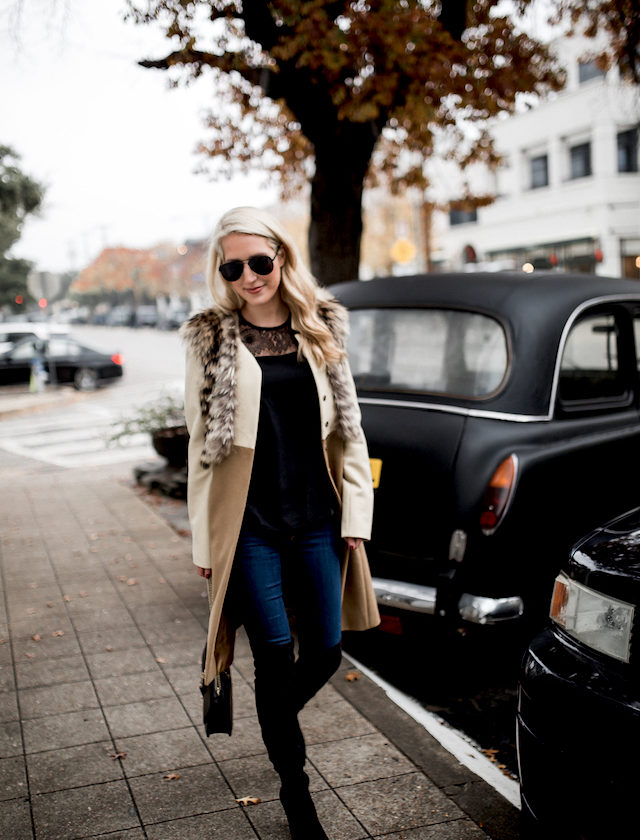 TAN COAT & LACE BLOUSE | Krystal Schlegel