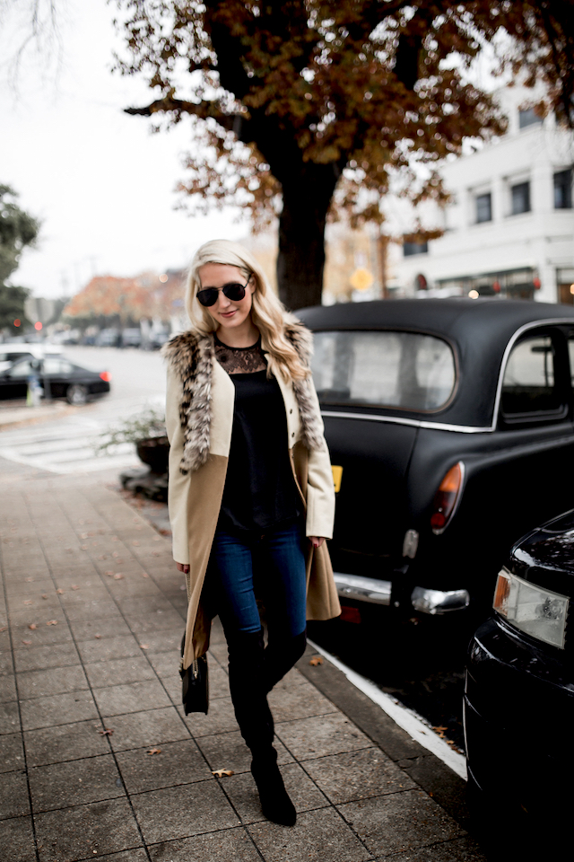 Neutrals for Winter: A tan coat and black lace blouse