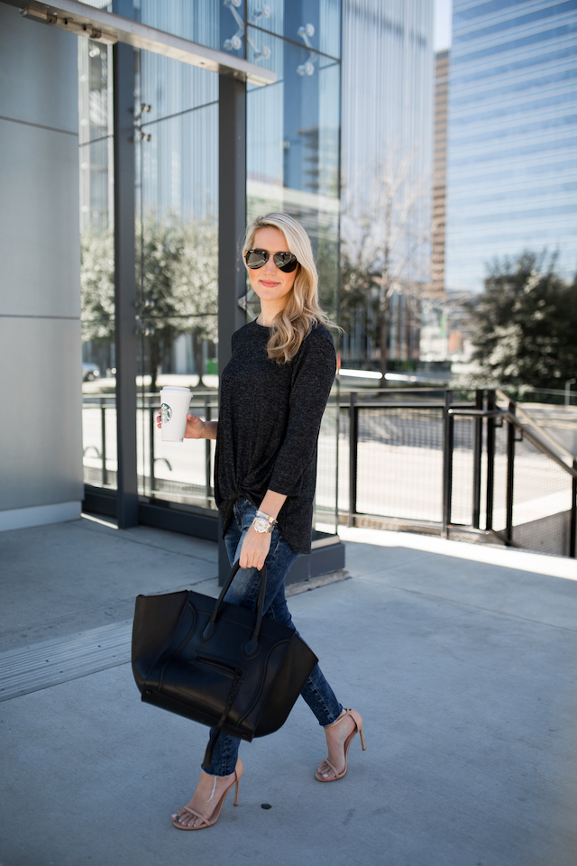 Celine bag and a twist front sweater from Nordstrom