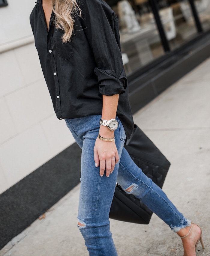 Distressed jeans and frank & eileen button down top