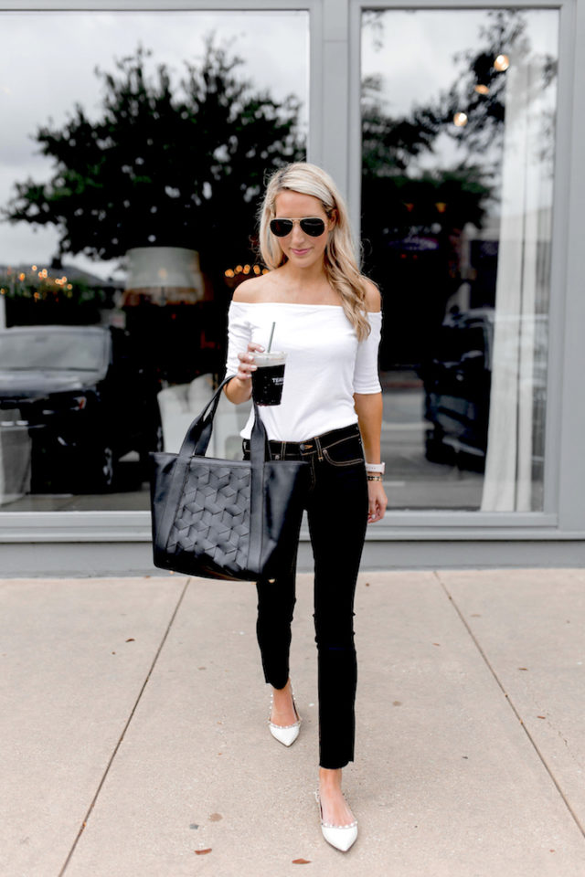 off the shoulder top early fall outfit and veronica beard skinny jeans