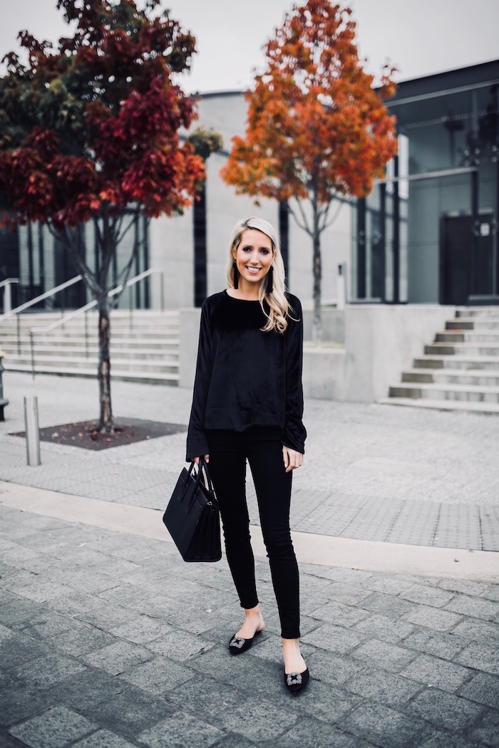 Casual Holiday outfit idea jewel flats with a velvet blouse & tassel  earrings