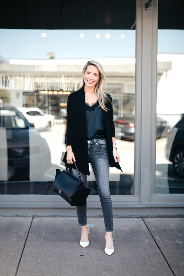 Bloomingdales Spring collection cashmere sweater and white pumps