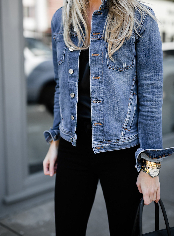 Black denim jacket with light blue jeans hotsell