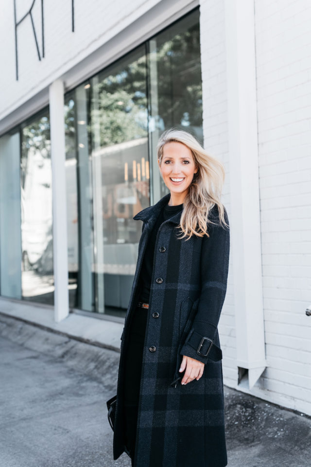 Burberry coat and Stuart Wetizman over the knee boots