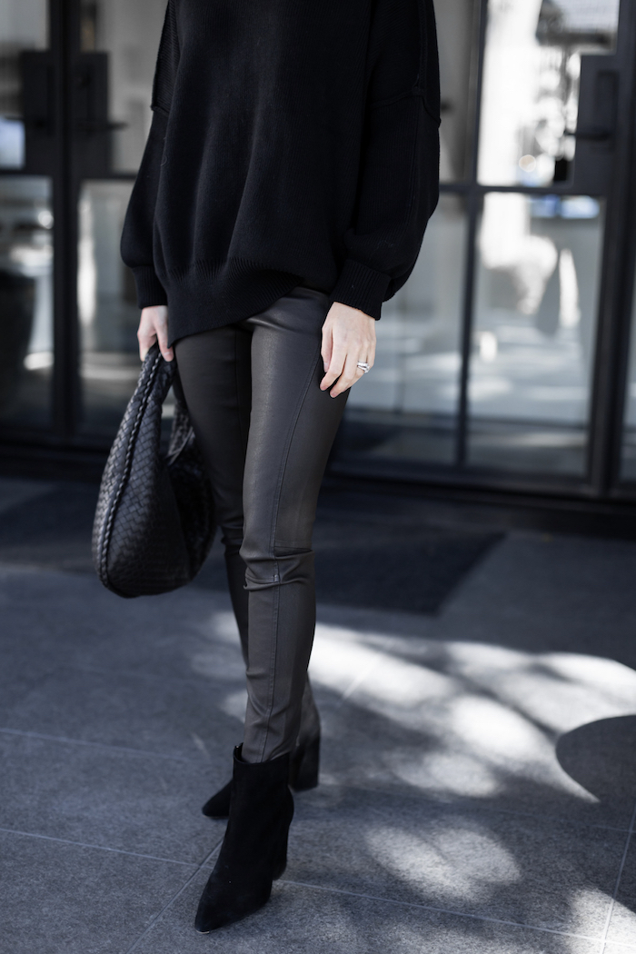 Oversized sweater - leather pants - black booties - bottega bag