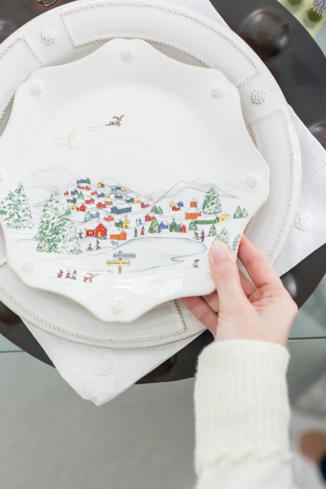 Christmas table setting Juliska North Pole Plates and Holiday Tablescape