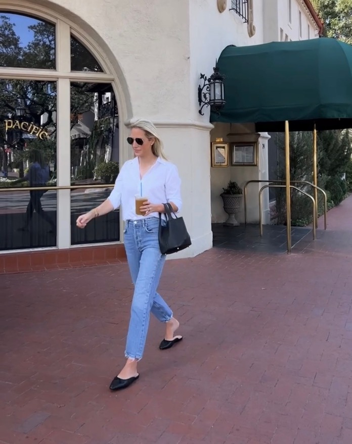 classic agolde jeans and white button down veronica beard mules